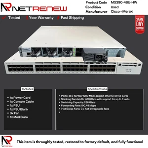 *Nieodebrany* 48-portowy gigabitowy przełącznik Ethernet Cisco Meraki MS390-48U-HW UPoE - Zdjęcie 1 z 1
