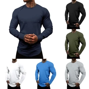 Muskel Fitness Bluse Langarm T-Shirts Fitness Gym Polyester Stoff - Picture 1 of 32