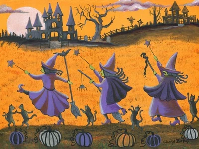 OrIgInAl FoLk ART PaInTiNg HaLLowEEn WiTcHeS MooN BlAcK Cat BrOOms PuMpKiN - Image 1 of 4
