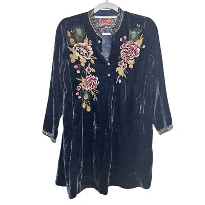 Johnny Was Blue Velvet Peacock Embroidery Floral Mini Dress Pockets XSP Flaw - Изображение 1 из 4
