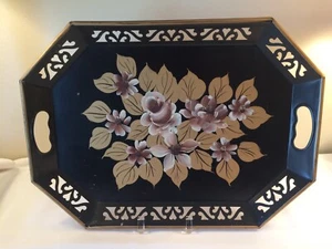 Vtg Large Black Metal Tole Serving Tray Pilgrim Art Hand Decorated Lattice Sides - Picture 1 of 10