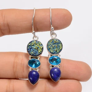 Titanium Druzy Lapis Lazuli Gemstone 925 Silver Handmade Earrings 1.9" ARE-4771 - Picture 1 of 3