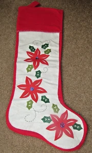 Calza feltro rosso bianco natalizio extra large con Poinsettie lunga 36" - Foto 1 di 12