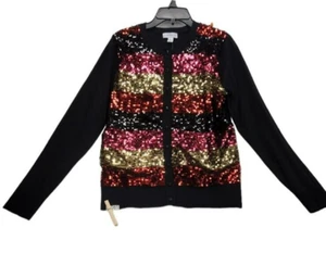 Charter Club Small Cardigan Sweater Sequins Striped Red Black Pink Gold J081 - Picture 1 of 6