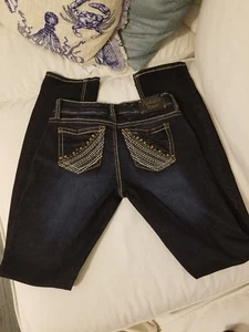 Antique Rivet Dark Blue Skinny straight Leg Jeans embellished pockets 27 - Picture 1 of 9