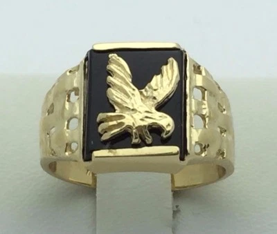 14k Yellow Gold Black Onyx Military Eagle Ring 13.2mm Sizes 7-13 - Image 1 of 4