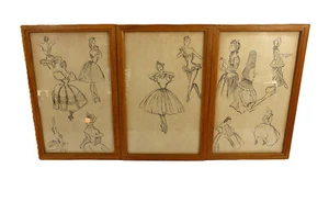 Set of Three Framed Pencil/Ink Drawings/Sketches of Ladies Fashion - Picture 1 of 9