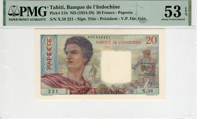 Tahiti Banque de I' Indochine 20 Francs ND (1954-58) P#21b S/NX.58 AU53 EPQ PMG - Image 1 of 2