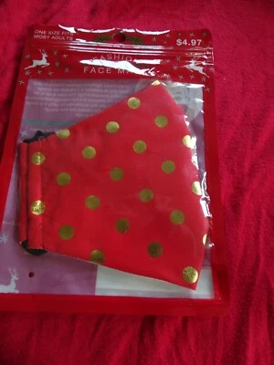 CHRISTMAS FABRIC FACE MASK ADULT RED/GOLD POLKA DOTS BRAND NEW  SEALED SHUT - Image 1 of 3