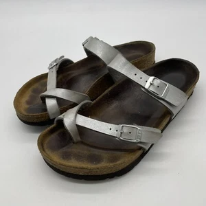 Birkenstock Mayari Sandals Women 37/6 Silver Buckle Double Strap Toe Loop - Picture 1 of 9