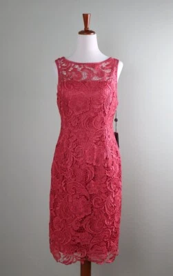 ADRIANNA PAPELL NWT $178 Pink Illusion Neck Leace Dress in Coral Size 4 - Image 1 of 4