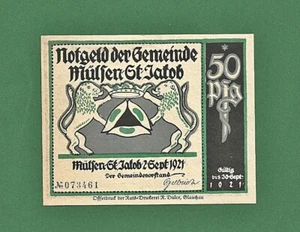 07 038 Notgeld Mülsen St. Jakob 50 Pfg., 2.9. - 30.9.1921 VS Wappen mit Löwen - Picture 1 of 2