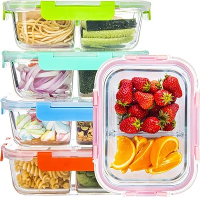 CZUMJJ Glass Meal Prep Containers 2 Compartment with Lids (5 Pack 34oz) Divided Storage