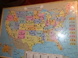 Vintage 1975 MB Wood Map of the United States & World Map 2 Sided Puzzle - Picture 1 of 4