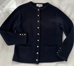 Casual Corner Annex Petite 100% Wool Sweater Cardigan Navy Blue Gold Button Med - Picture 1 of 9