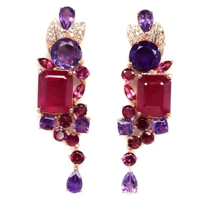 925 Silver 8x11MM. Red Ruby, Amethyst, Rhodolite, Topaz, Cubic Zirconia Earrings - Image 1 of 4