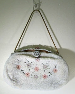 White beaded purse with multi-color flowers, hand made in France, with mirror - Picture 1 of 10