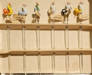 Hand Blown Art Glass Garnish Picks Swans Unique Set Of 7 Germany 1960's NICE - Picture 1 of 4