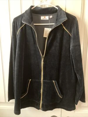 Quacker Factory Womens Black Velour Zip Jacket Gold/Rhinestone Trim Sz.M - NWT - Image 1 of 4