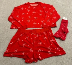 American Eagle Bow Plush PJ Pajama Set Women X-LARGE Shirt Shorts Socks Red NWOT - Picture 1 of 8