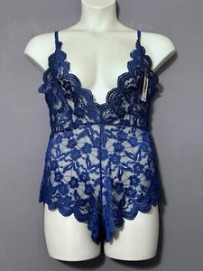 RSVP By Oh La La Cheri Lingerie Romper L/XL Blue Floral Lace Deep V - Picture 1 of 6