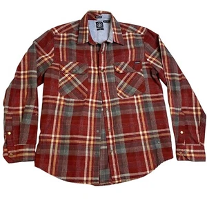 Volcom Mens Flannel Shirt Small Classic Fit Red Plaid Cotton Blend Long Sleeve - Picture 1 of 9