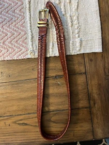 Belt Woven Braided Brown Leather Gold/ Silver Toned Buckle Made in Spain L/XL - Picture 1 of 9