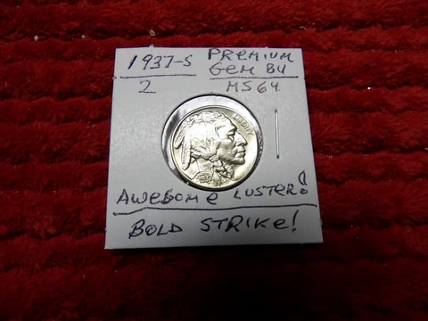 1937-S,LUSTROUS Buffalo Nickel,(PREMIUM GEM BRILLIANT UNCIRCULATED BOLD Strike#2 Cover