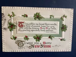 Postcard New Year Poem Frank Ferndale Holly Winsch Back 1911 C78 - Foto 1 di 2