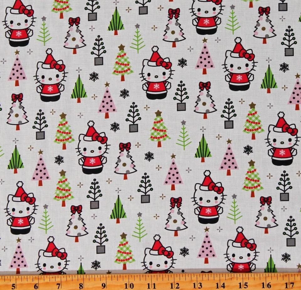 Cotton Hello Kitty Christmas Trees Snowflakes Fabric Print by the Yard D410.16 - Image 1 of 1