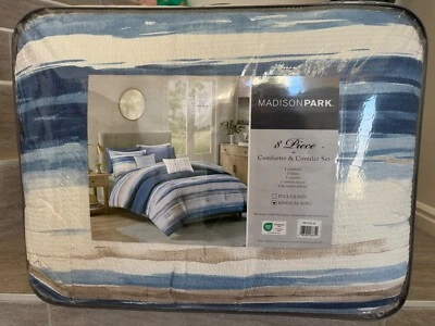 Madison Park 8 Pc Fairbanks Printed Seersucker Comforter and Coverlet Set Blue - Image 1 of 4
