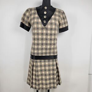Vintage 1960s Pendleton 2 Piece Plaid Wool Gray & Cream Dress Womens Size S