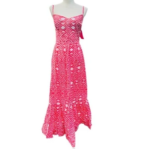 Betsey Johnson Sz 4 Aztec Tiered Maxi Dress Coral White Print Linen Cotton NWT - Picture 1 of 12