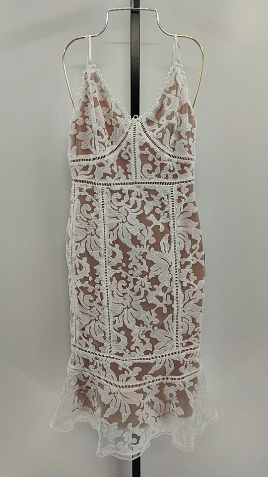 Vestido midi con dobladillo trompeta de encaje blanco y beige Alluring Love para mujer XS Foto 1 de 2