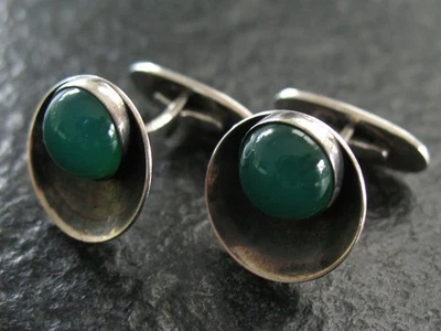 Manschettenknöpfe Silber 925 N E From Dänemark Vintage Design mit Grünachat  - Bild 1 von 4