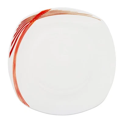 UNIQUE HOME LIVING Porcelain Dinner Plate 25cm Curved Red Lines Serving Dish Tableware Square White