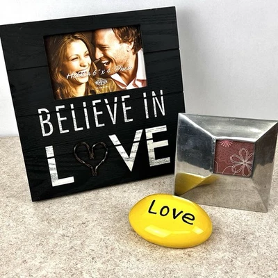 Marco de fotos negro corazón de alambre ~ pequeño marco plateado ~ piedra de amor amarilla ~ lote de 3 Foto 1 de 4