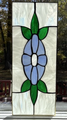 Painel de vitral vintage escória com chumbo flor azul 17"x6-7/8" #B - Imagem 1 de 4