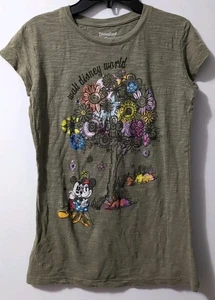 Disneyland Walt Disney World Womens M Green Glitter Floral Mickey Minnie Tshirt - Picture 1 of 4