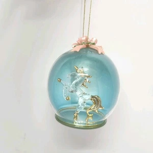 Adorno con vidrio soplado a mano unicornio dorado y transparente con lazo rosa - Imagen 1 de 8