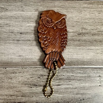 Llavero de búho de madera de colección tallado a mano arte popular rústico funky bolsa clip Foto 1 de 4
