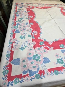 Vintage rot & blau Blumen gestempelt Stoff Baumwolle Tischdecke 56" x 71" - Bild 1 von 9