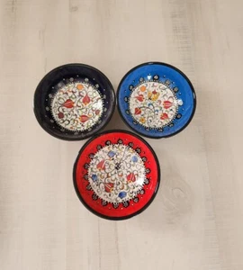 3 Small handmade Nimet pottery trinket dish Multicolored Floral Turkish Pottery - Picture 1 of 10