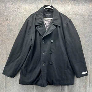 Calvin Klein Pea Coat Men Large Black Wool Polyester Lined Jacket Heavy Winter - Picture 1 of 12
