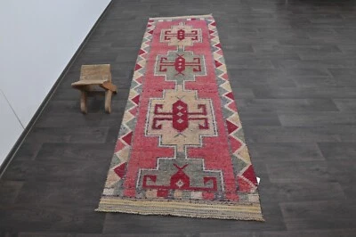 Vintage Turkish Runner Rug 3x10ft Wool Anatolian Handmade Hallway Oushak PINK - Image 1 of 4