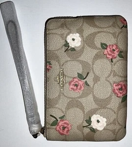 Coach Geldbörse Kalbsleder Blumen Canvas Signatur C Logo Designer hellbraun beige pink neu mit Etikett - Bild 1 von 20