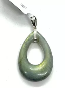 New Sterling Silver Open Pear Shape Carved Labradorite Pendant with Certificate - Picture 1 of 7