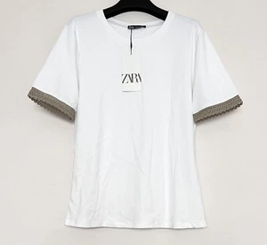 Zara Top T-Shirt Contrasting Trim at Sleeves White/Beige X-Large Slim Fit NWT - Picture 1 of 15