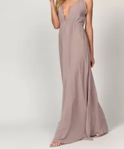Tobi Plunging Lace Trim Maxi Evening Dress Size XS Beige Brown Sheer Lined - Picture 1 of 10