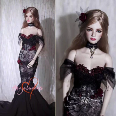 1/6 Popovy 1/4 Puyoo 蜜桃体 1/3 SID EID BJD Clothes Black Mermaid Dress Red Flowers